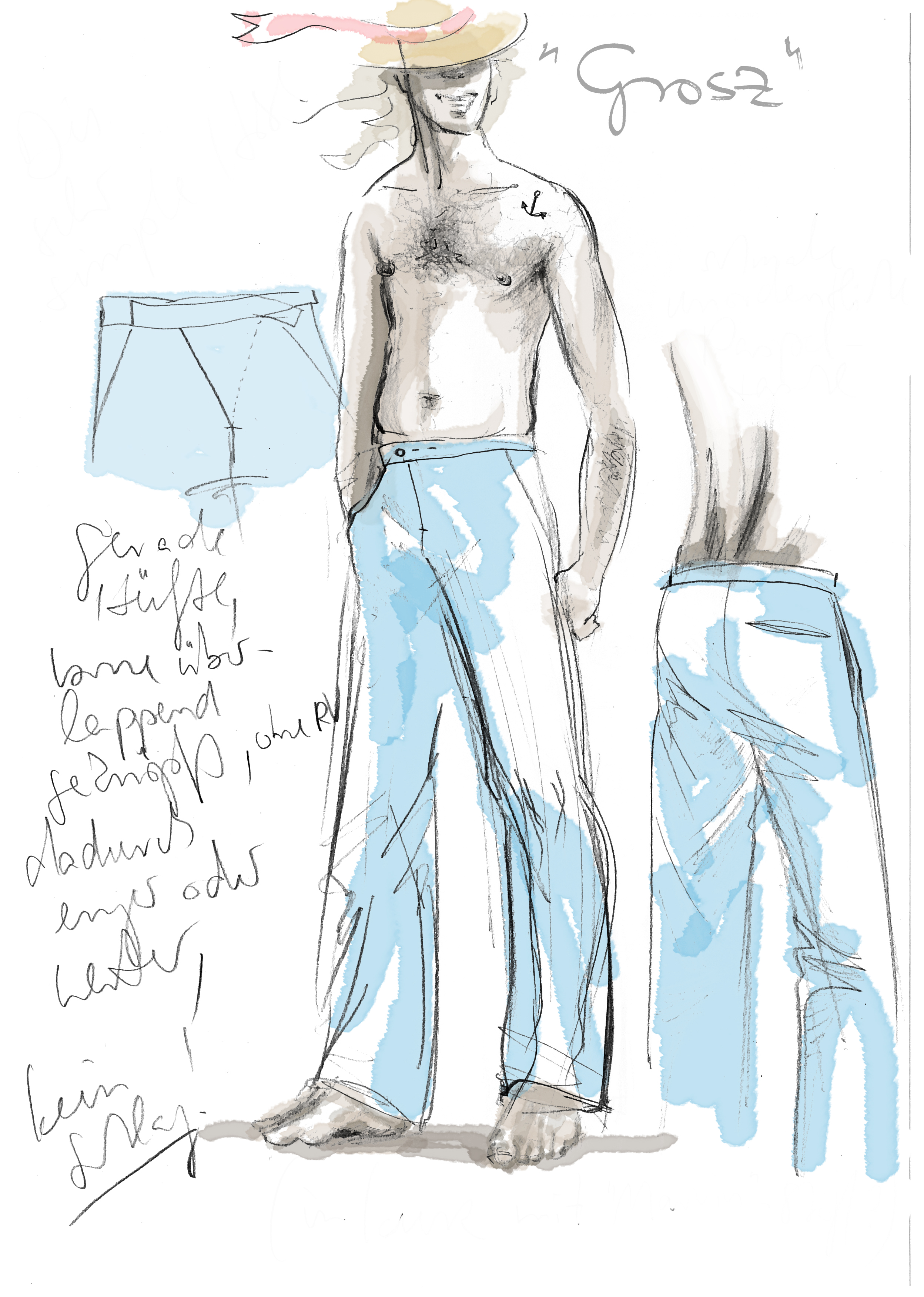 Sketch to pants GROSZ | pencil on paper, digitally colored, ©2010